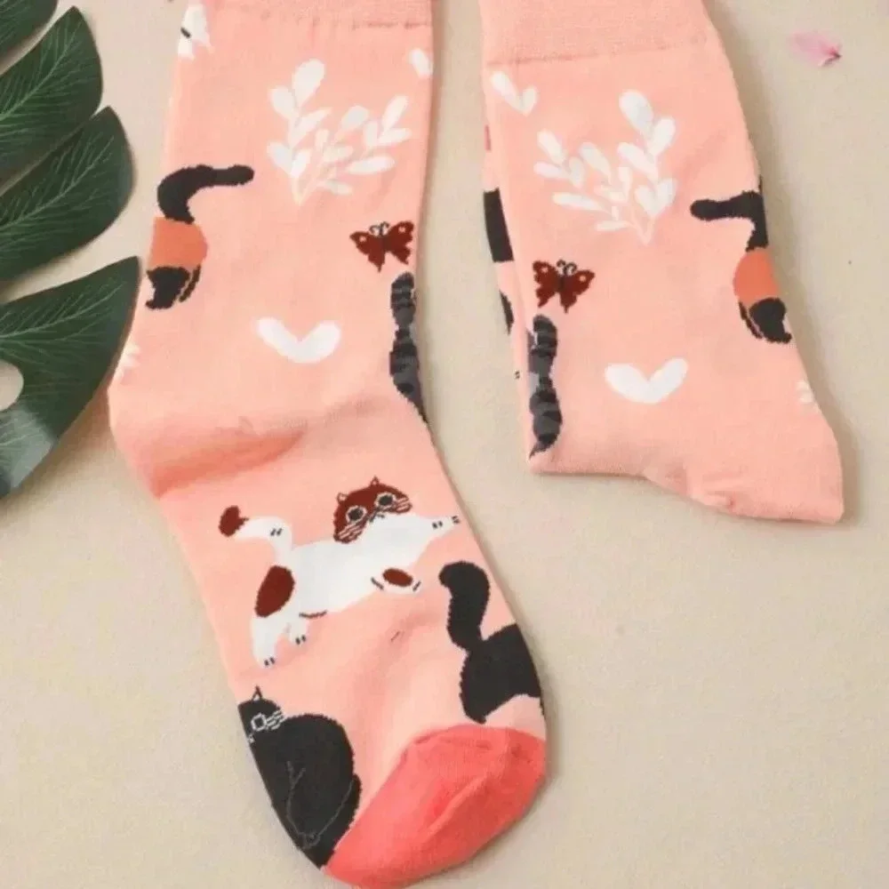 Pink black brown cartoon cat Womens crew socks activewear comfortable